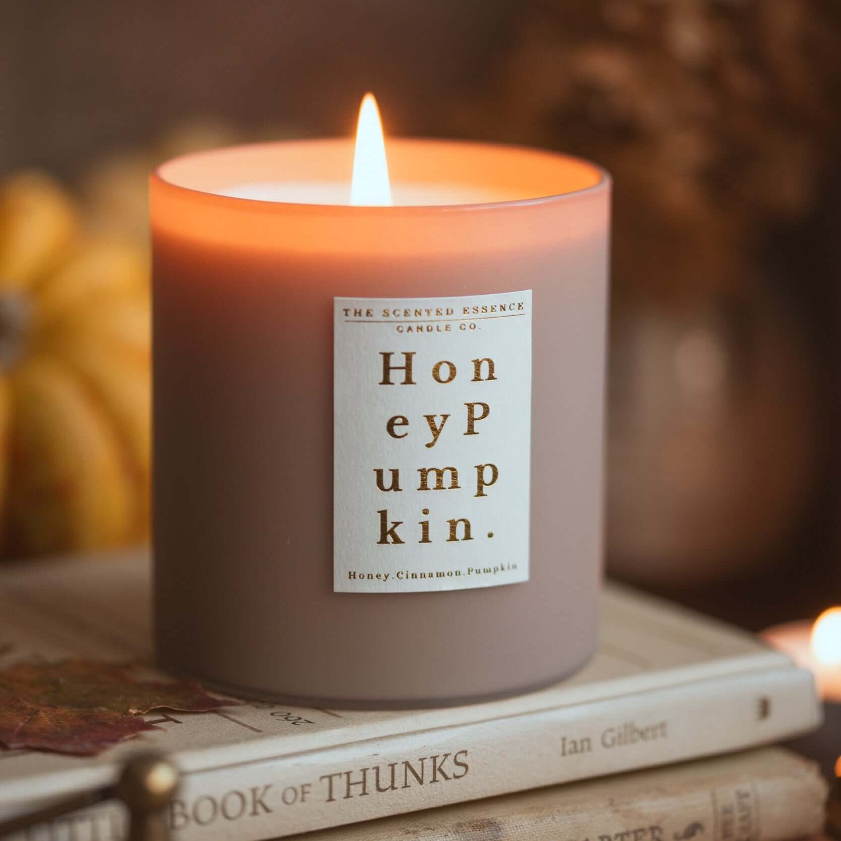 Honey Pumpkin autumn scented soy candle burning beside books