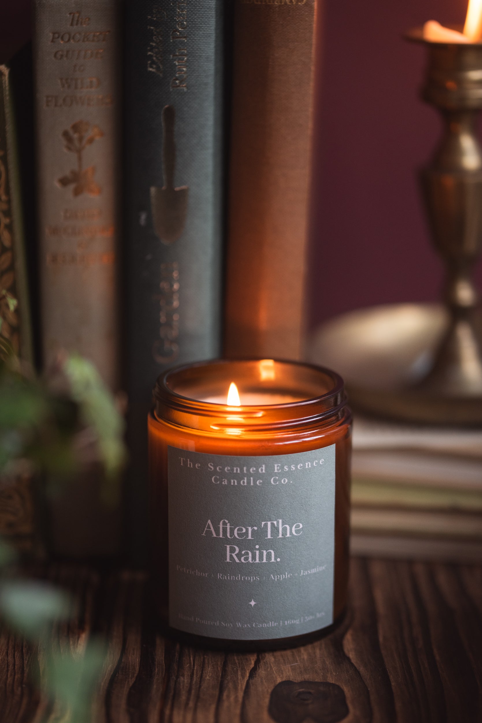 petrichor scented candle - forest rainstorm scent in an amber jar